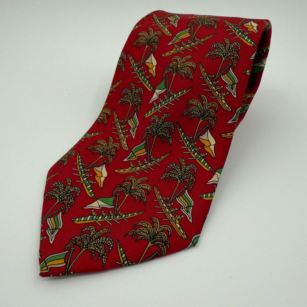 Salvatore Ferragamo Silk Tie Red Multicolor Boats Palm Trees Made in Italy